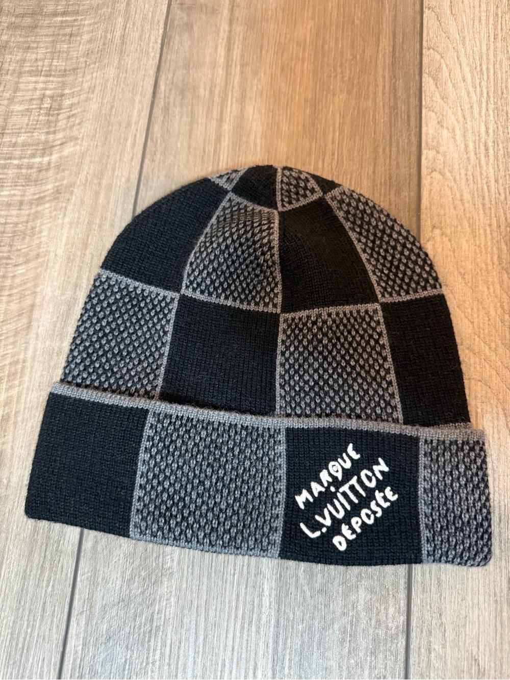 Louis Vuitton Black & Gray Checkerboard Knit Cuff Beanie